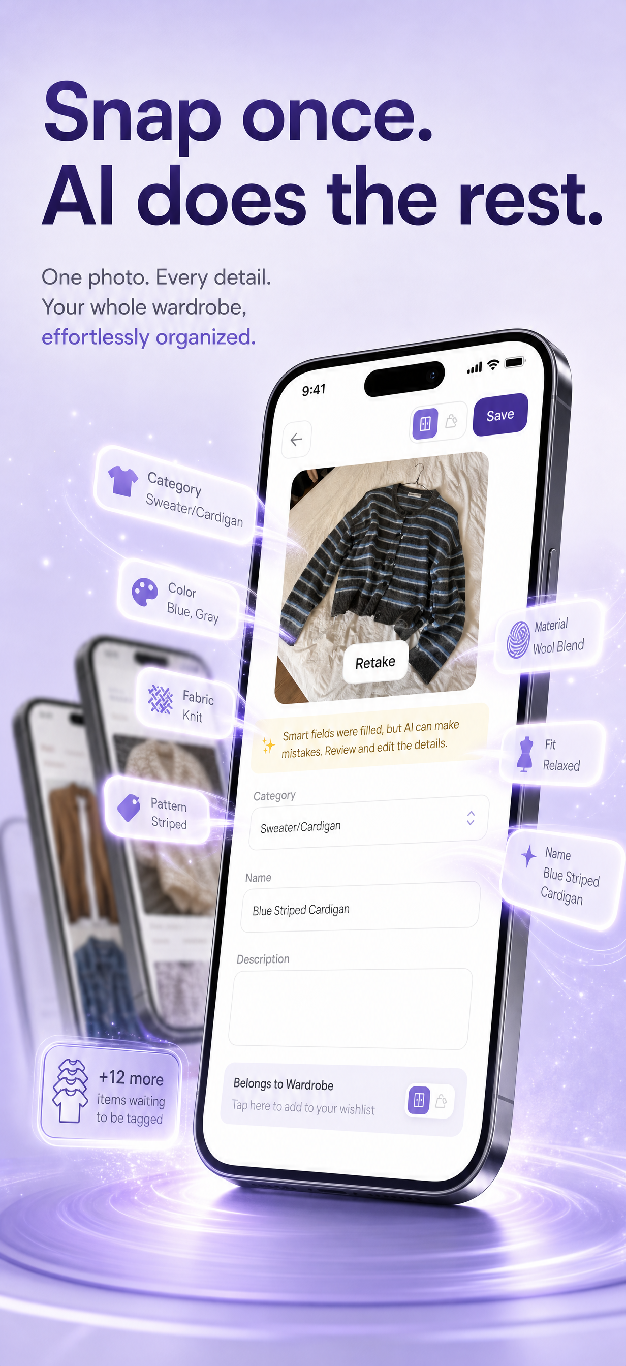 An item's detail view with its collections and outfits